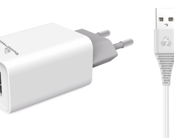 POWERTECH φορτιστής τοίχου PT-776 με καλώδιο USB-C, 2x USB, 2.1A, λευκό