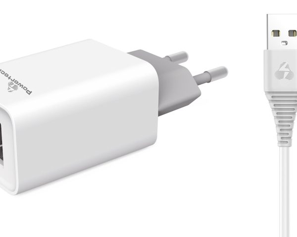 POWERTECH φορτιστής τοίχου PT-777, καλώδιο Lightning, 2x USB 2.1A, λευκό