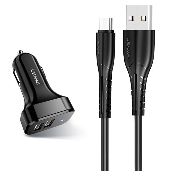 USAMS φορτιστής αυτοκινήτου C13 & καλώδιο type-C, 2x USB, 2.1A, μαύρο