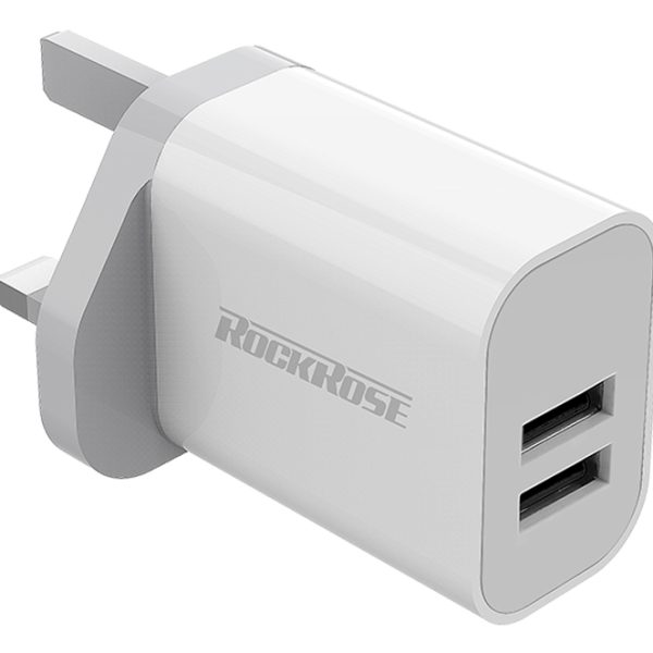 ROCKROSE φορτιστής τοίχου για πρίζα UK Casa A2, 2x USB, 2.4A 12W, λευκός