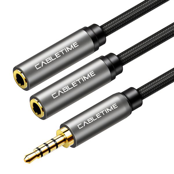 CABLETIME καλώδιο ήχου 3.5mm σε 2x 3.5mm CT-P12G4P, 4-pole, 20cm, μαύρο