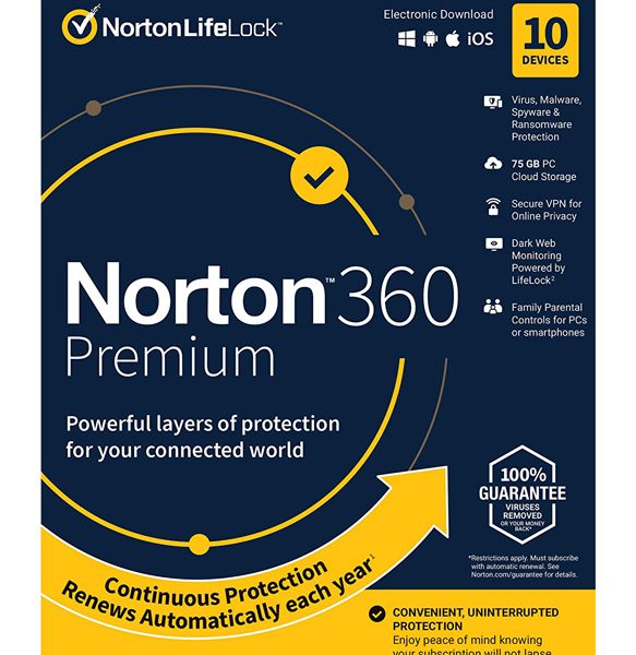 NORTON Antivirus 360 Premium ESD, 10 συσκευές, 75GB cloud, 1 έτος