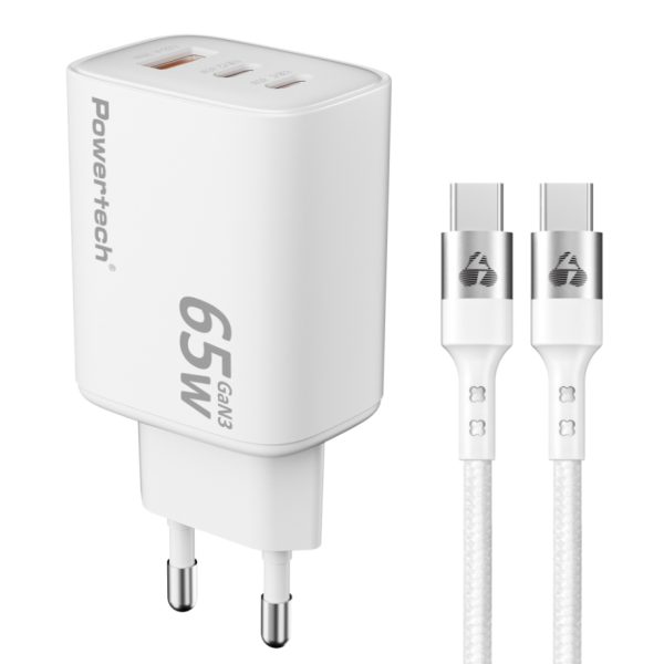 POWERTECH φορτιστής τοίχου PT-1415 με καλώδιο, USB/2x USB-C, 65W, GaN, λευκός