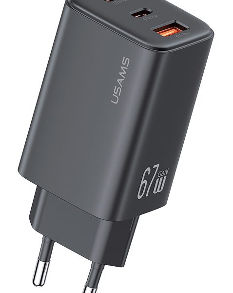 USAMS φορτιστής τοίχου CC265, USB & 2x USB-C, 67W, GaN, μαύρος