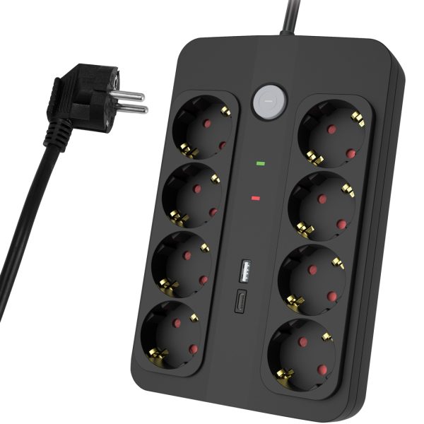 POWERTECH πολύπριζο ασφαλείας PT-1535, 8 θέσεων, με USB & USB-C θύρες, 16A, 1.5m, μαύρο