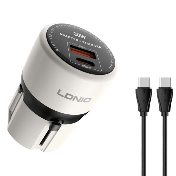 LDNIO φορτιστής τοίχου Q2319 με καλώδιο USB-C, EU/UK/US/AU βύσμα, USB/USB-C, 30W, γκρι