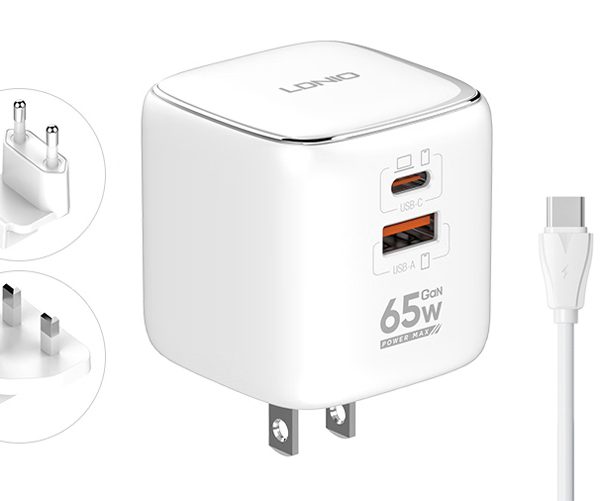 LDNIO φορτιστής τοίχου Q2617 με καλώδιο USB-C, EU/UK/US βύσμα, USB/USB-C, 65W, GaN, λευκός